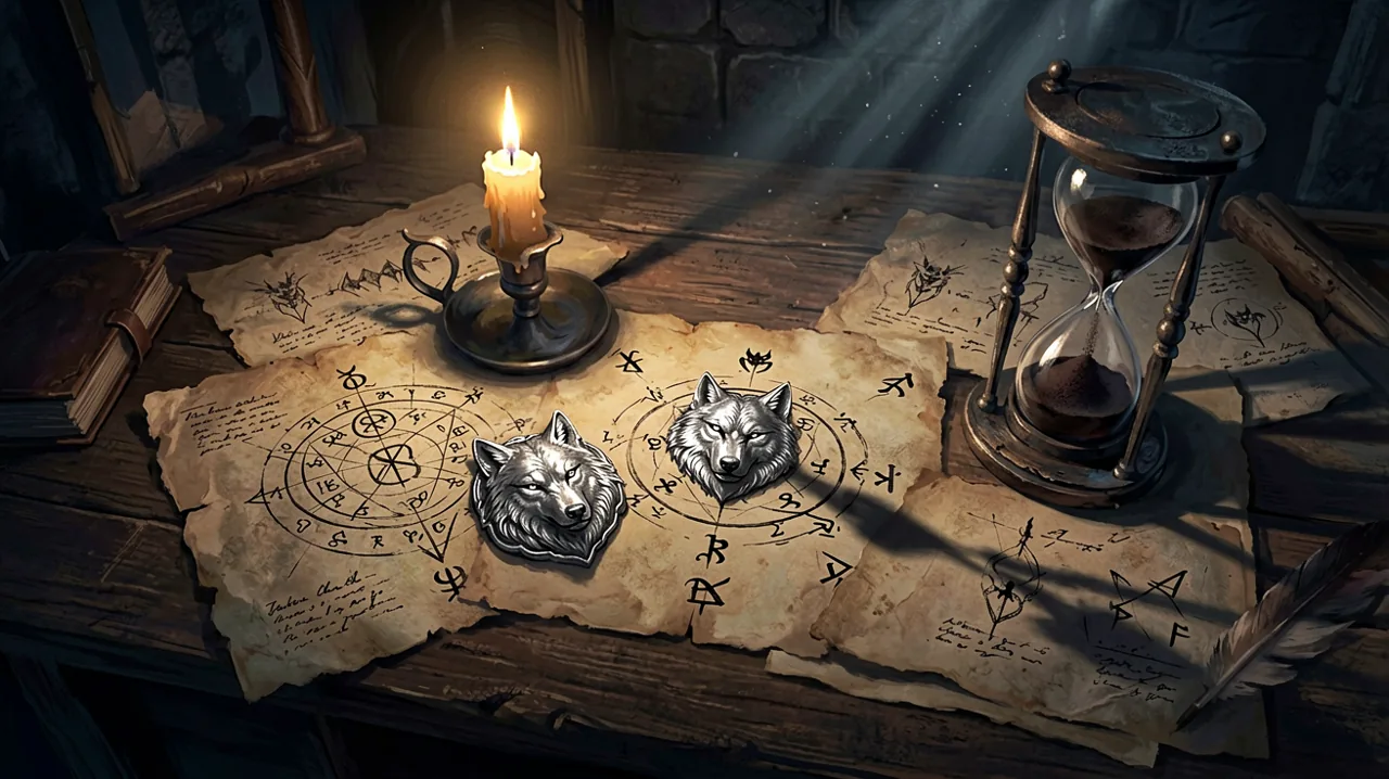 An overhead view of a dark gothic desk showing parchment diagrams of wolf runes next to an hourglass.