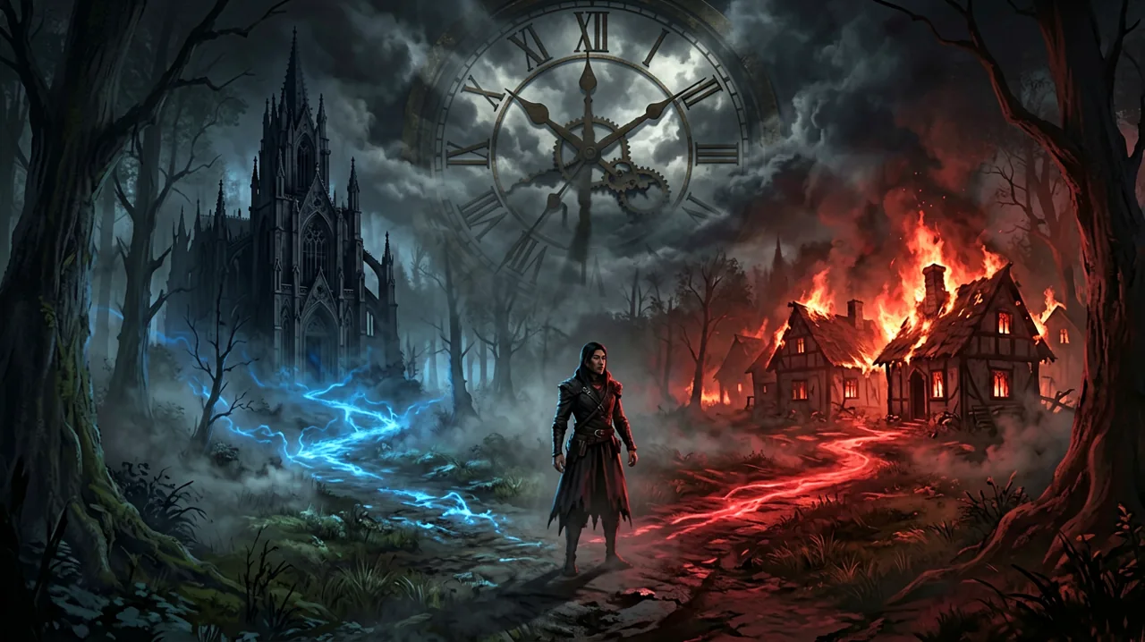 A lone traveler stands at a fork in a dark forest path beneath a faint mechanical clock in the sky.