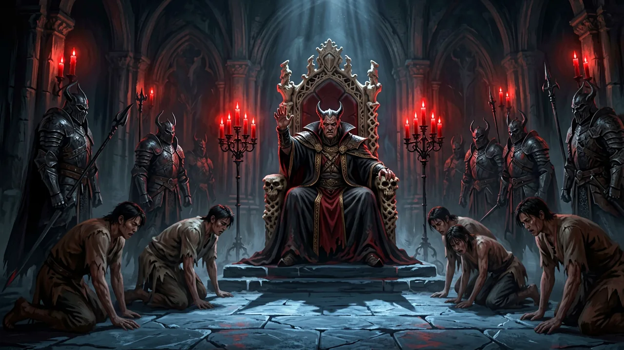 Dark gothic throne room bathed in crimson candlelight, a vampire noble presiding over cowering human subjects, original dark fantasy art