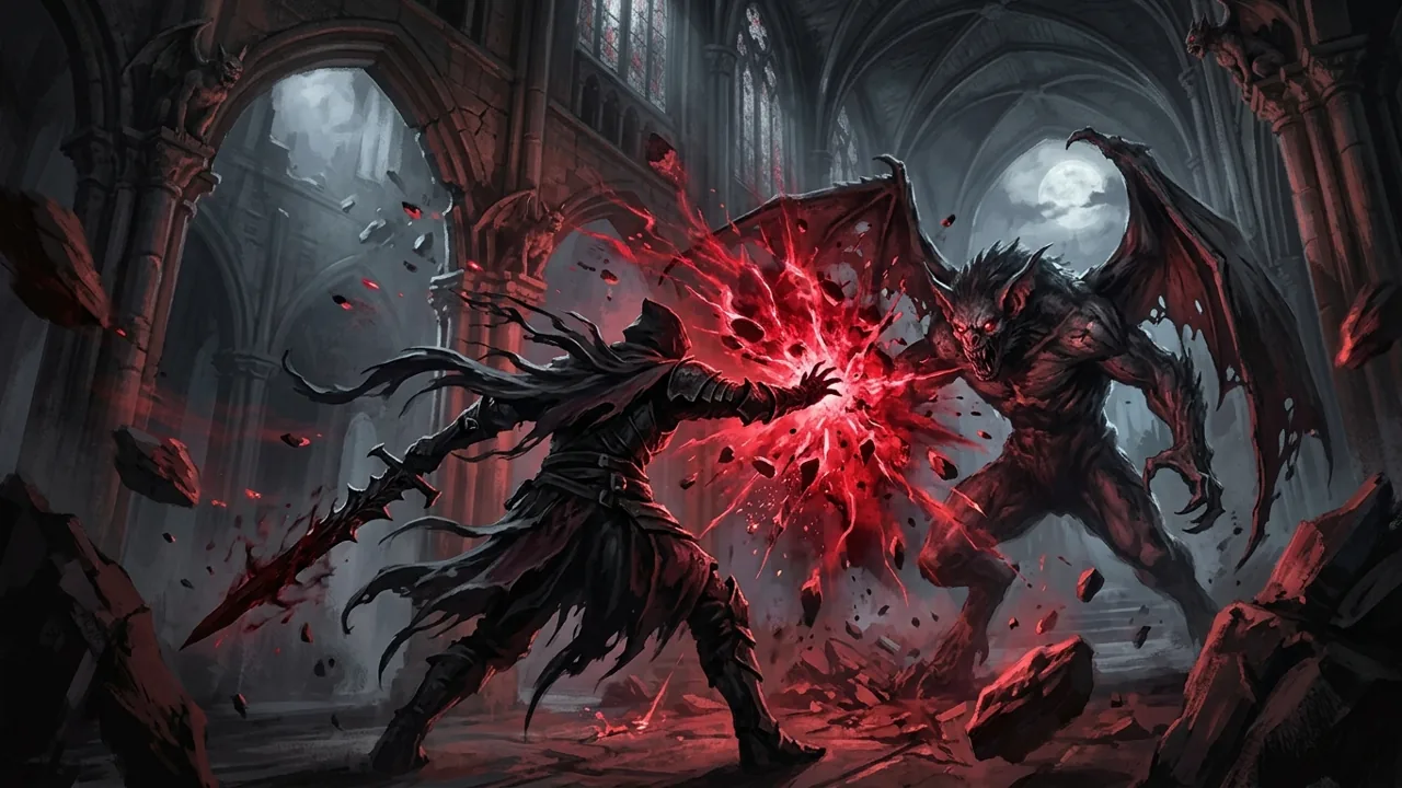 A fierce warrior unleashes a visceral crimson spell against a monstrous enemy in a shadowy gothic environment.