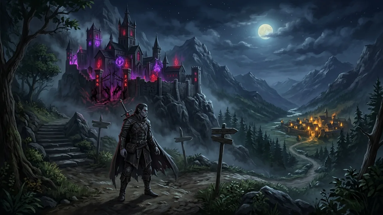A dark fantasy protagonist facing a glowing peaceful village on one side and a corrupted gothic monastery on the other under moonlight.