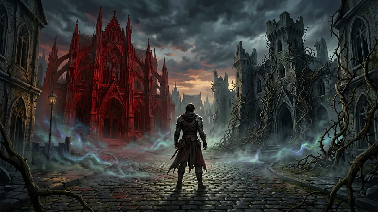 A lone warrior standing at a gloomy crossroads in a gothic city, facing two distinctly different paths.