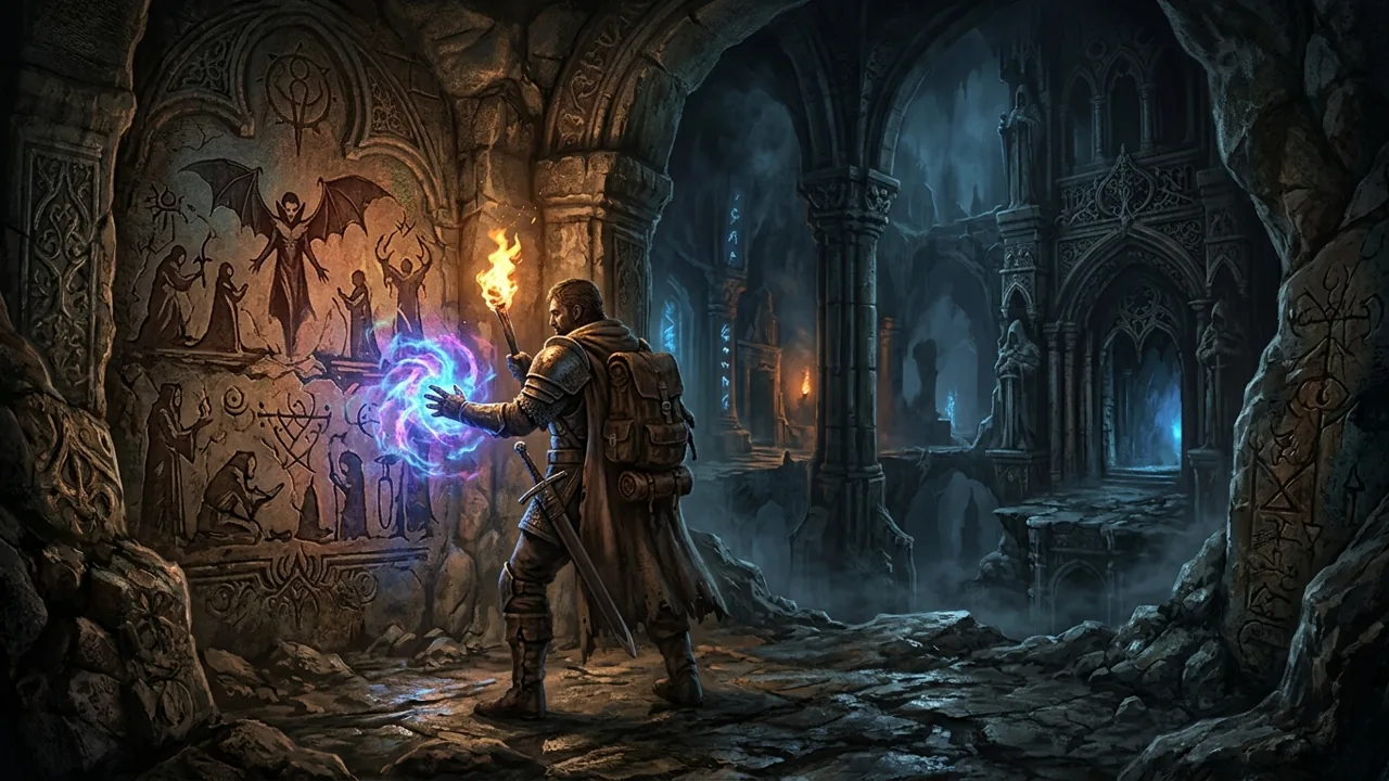 Original dark fantasy art showing a warrior exploring a hidden subterranean cavern illuminated by magical hexes.
