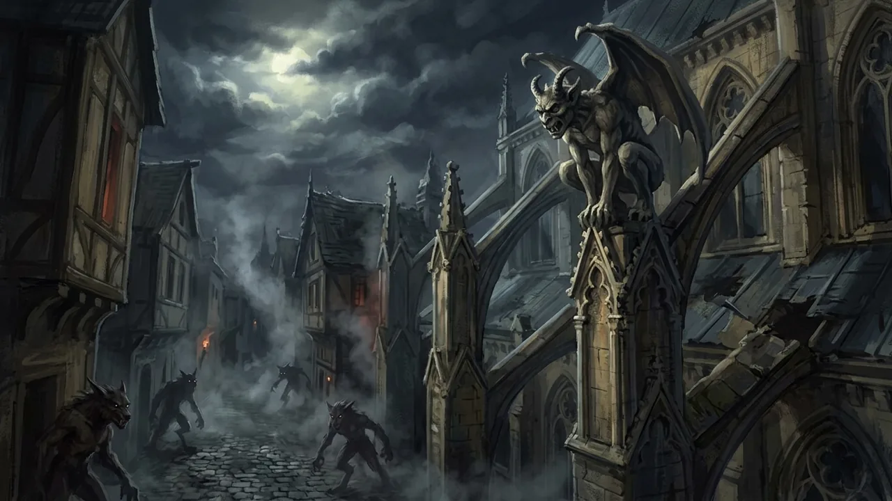 A monstrous stone gargoyle overlooking a foggy medieval street filled with shadowy threats