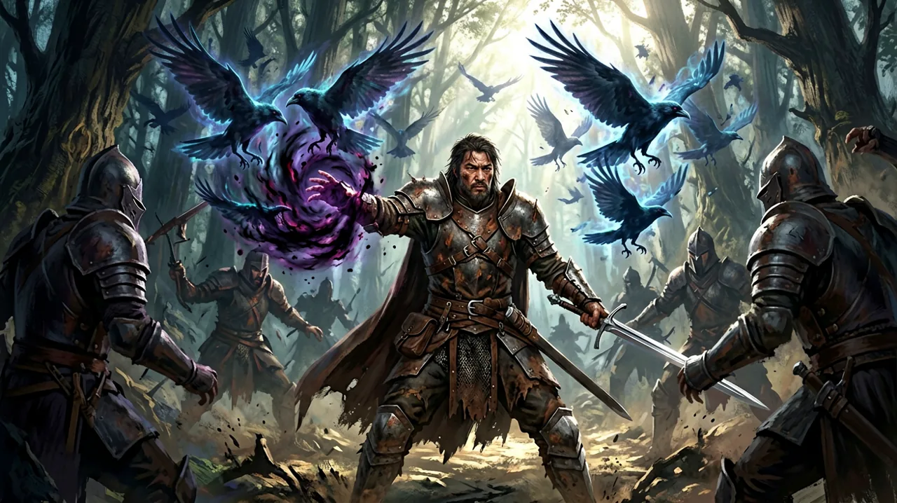 A human swordsman casting a dark spell that summons spectral ravens against bandits during the daytime.
