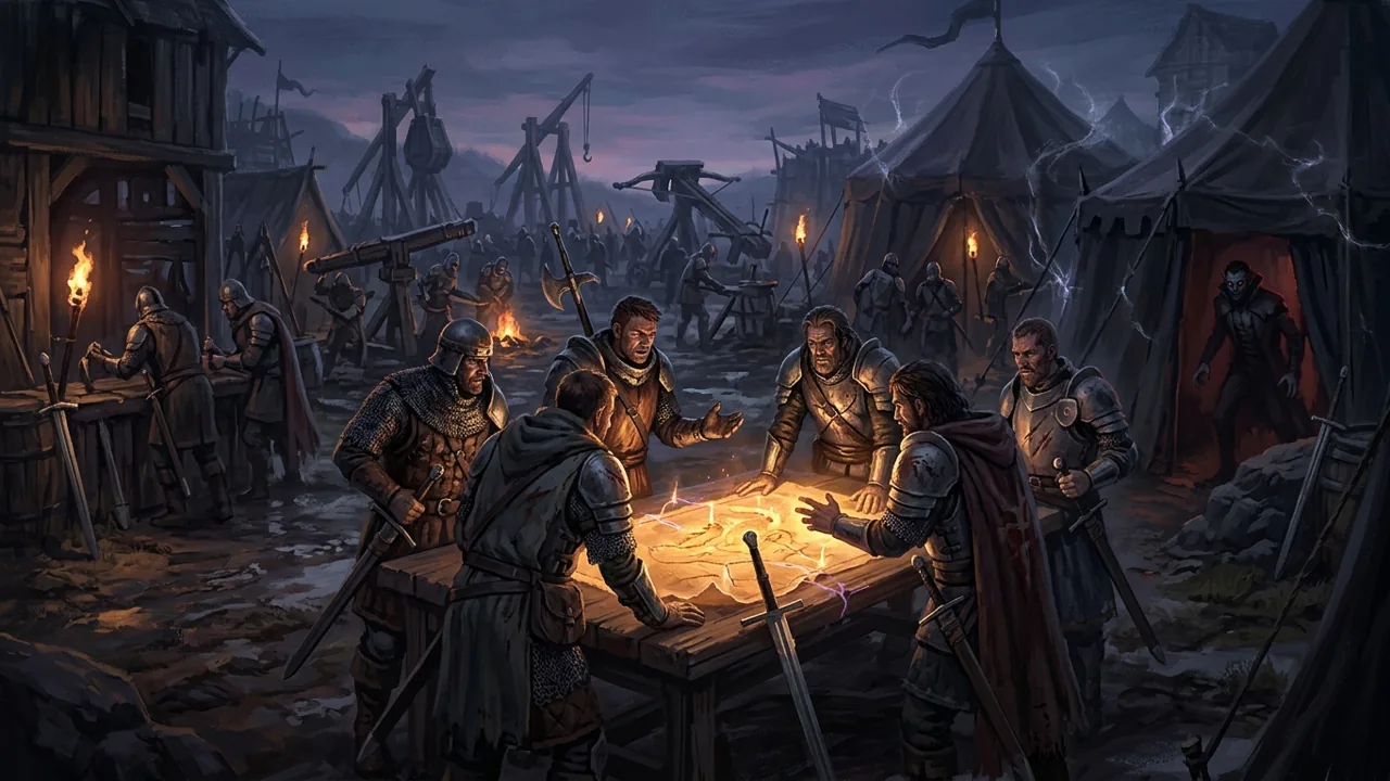 A group of human rebels gathering around a war table at twilight, watched by a shadowy vampire figure from the darkness.