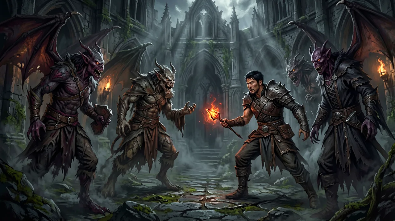 Multiple supernatural beings and a human warrior in a tense standoff within a dark gothic courtyard.