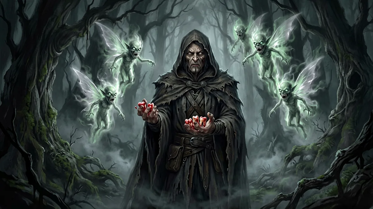 A dark fantasy scene showing a warrior trading bloody teeth to menacing, glowing fairies in a forest.