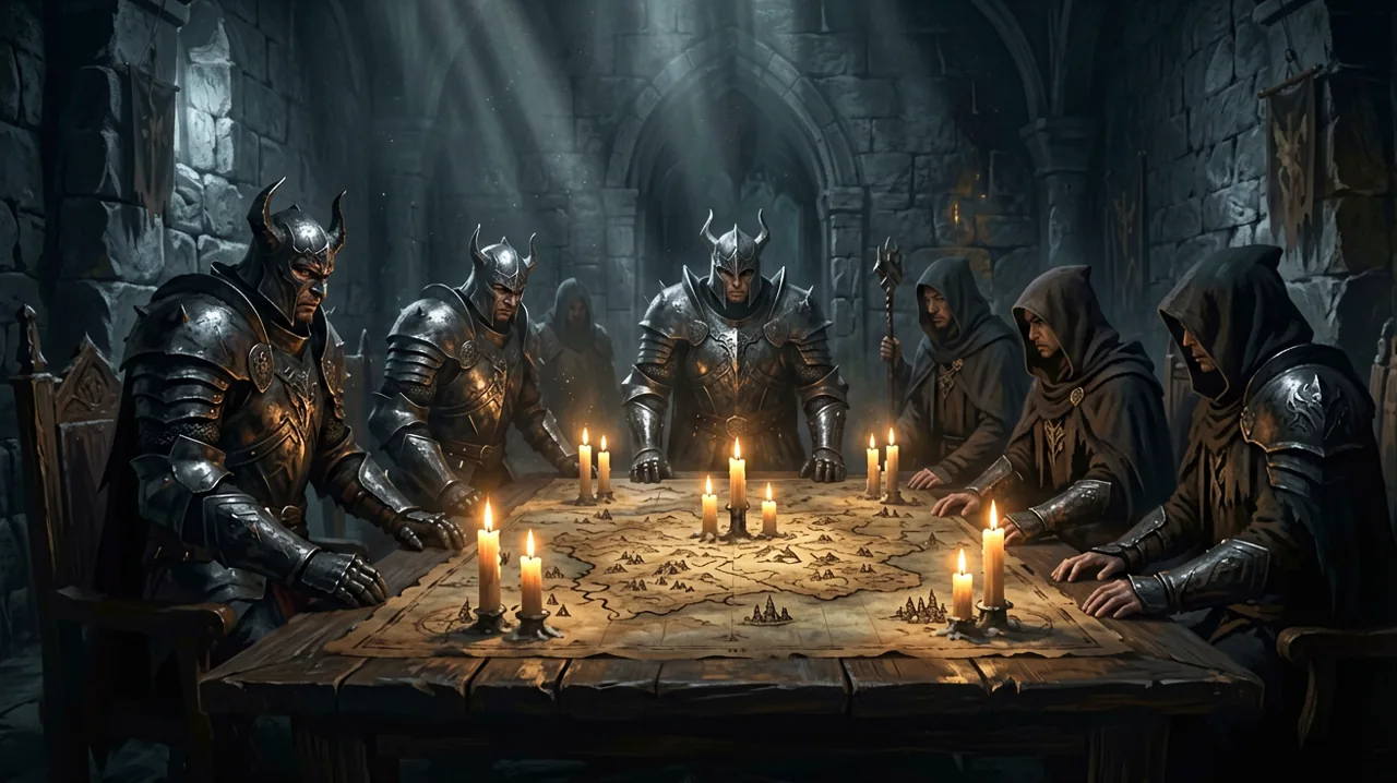 A dark fantasy war room with vampire commanders discussing strategy over a map.