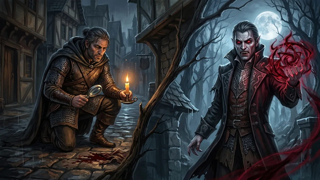 Original dark fantasy artwork depicting a character transitioning between a grounded human detective and a fearsome vampire.
