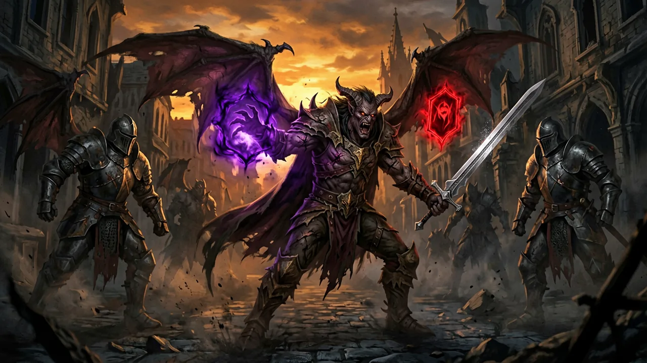 A half-transformed vampire casting purple hex magic while fighting armored inquisitors at sunset.