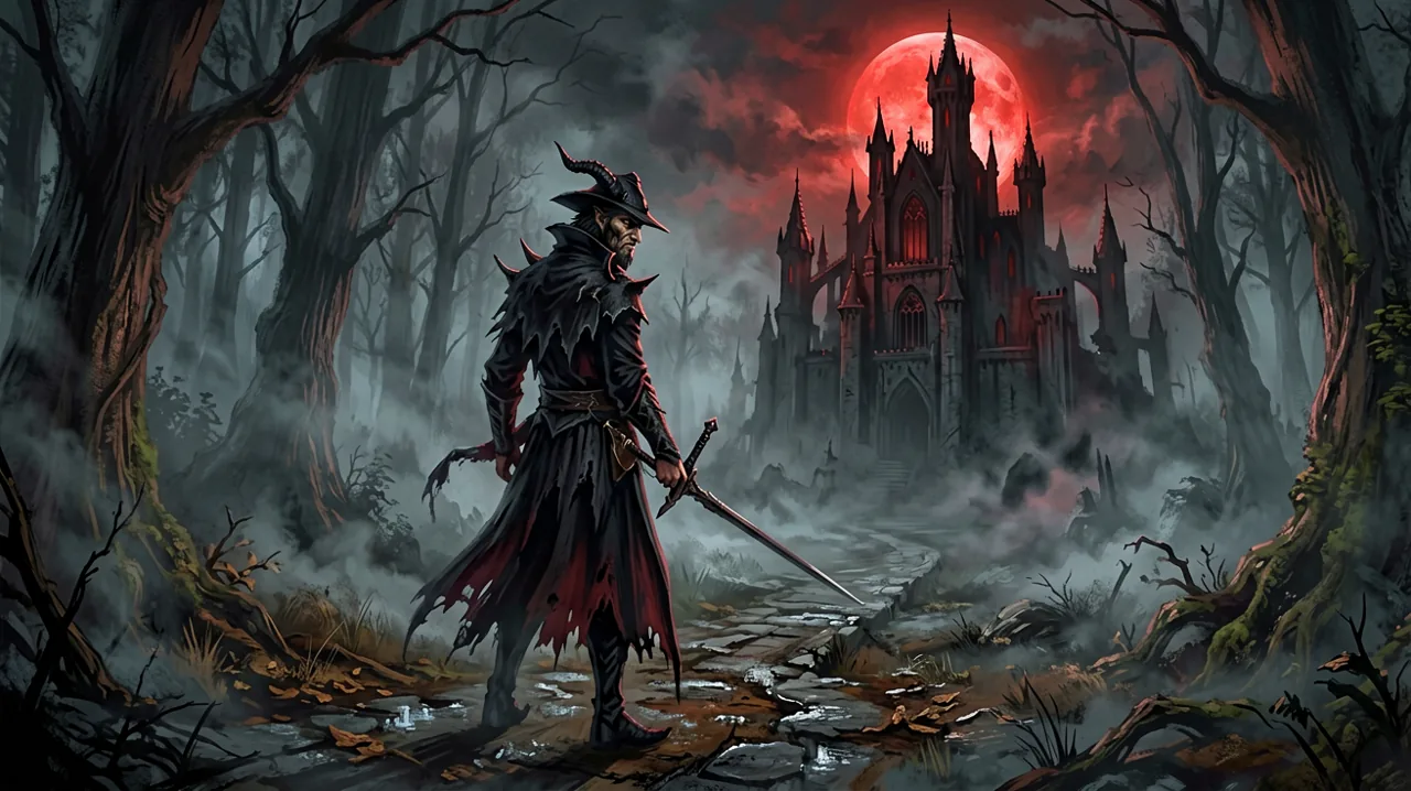 A lone vampire traveler looking at a branching crossroad under a dark red moon.