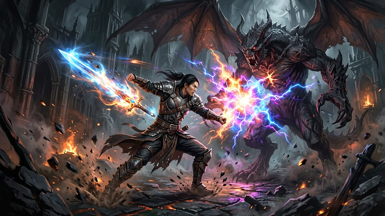 A dark fantasy combat duel highlighting intense swordplay and magical effects.