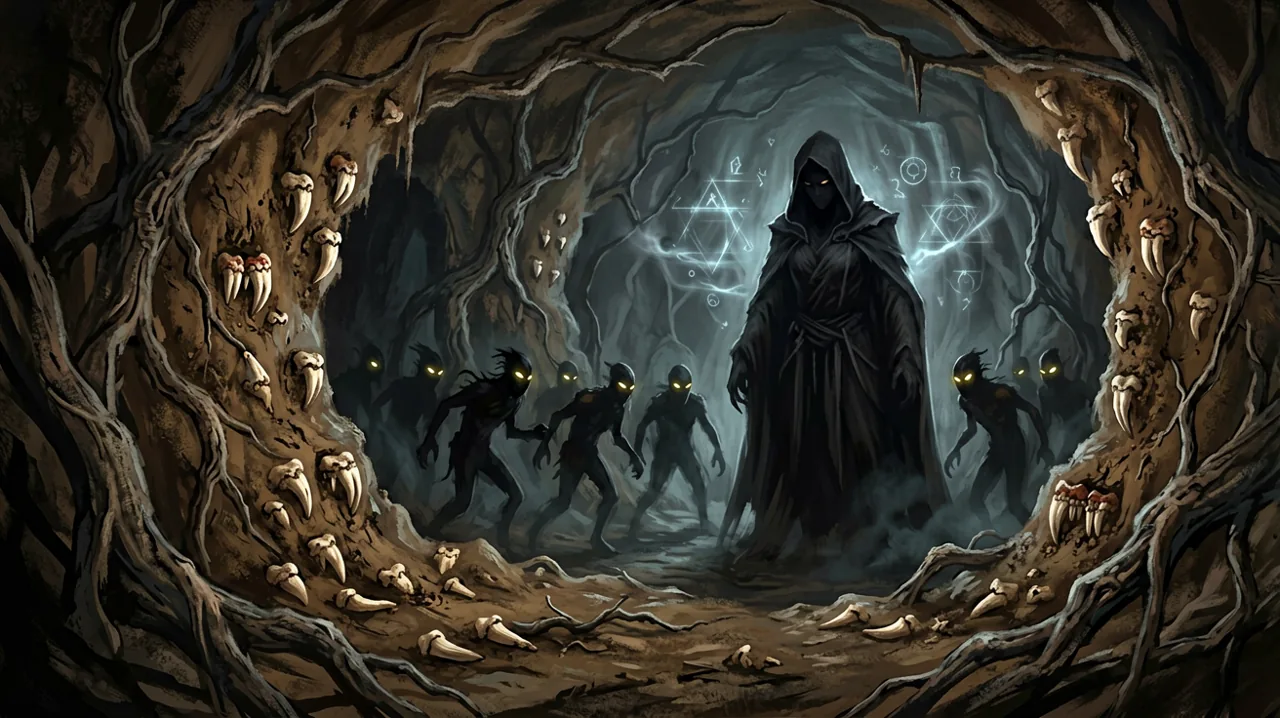 Original dark fantasy artwork of a shadowy underground burrow illuminated by glowing magical elements.
