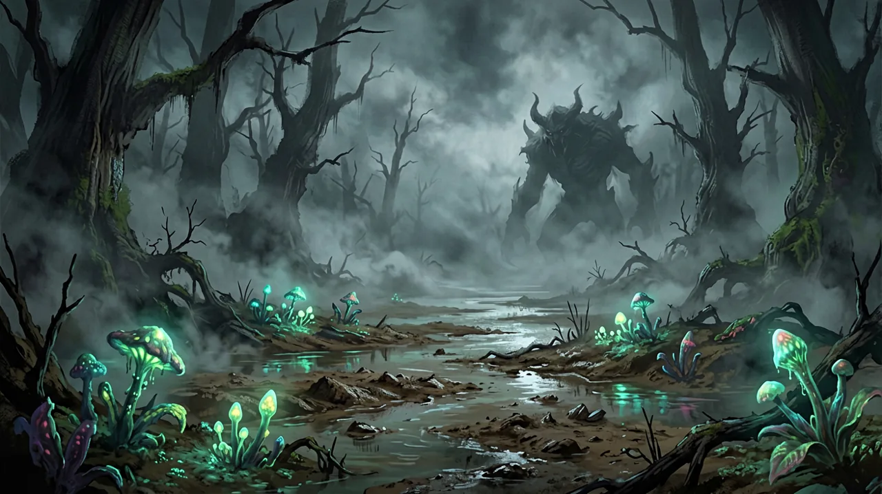 A gothic dark fantasy wetland with dense mud, ominous fog, and glowing flora.