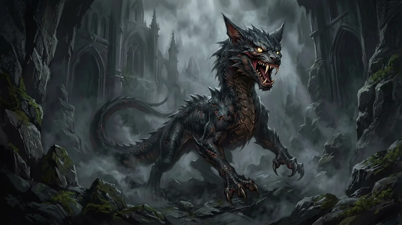 A serpentine dark fantasy beast lurking in a foggy, rocky gorge.