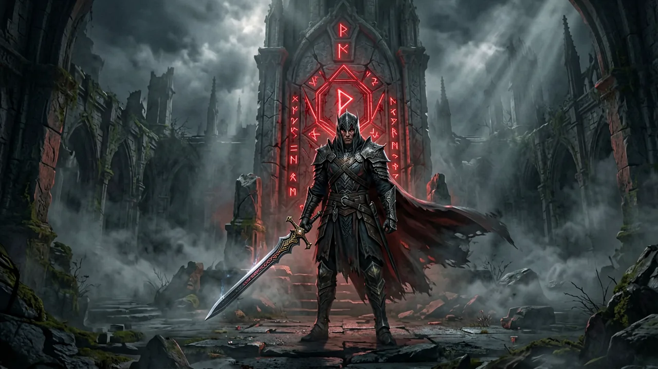 A dark gothic scene of a vampire staring at a colossal, glowing stone monument covered in cryptic hex symbols, set against a grim overcast sky.