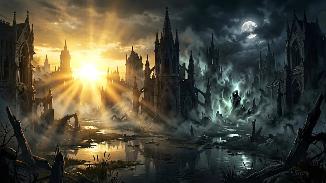A highly detailed, split-screen vista of a dark gothic city nestled in foggy wetlands, contrasting golden hour lighting with abyssal night mist.
