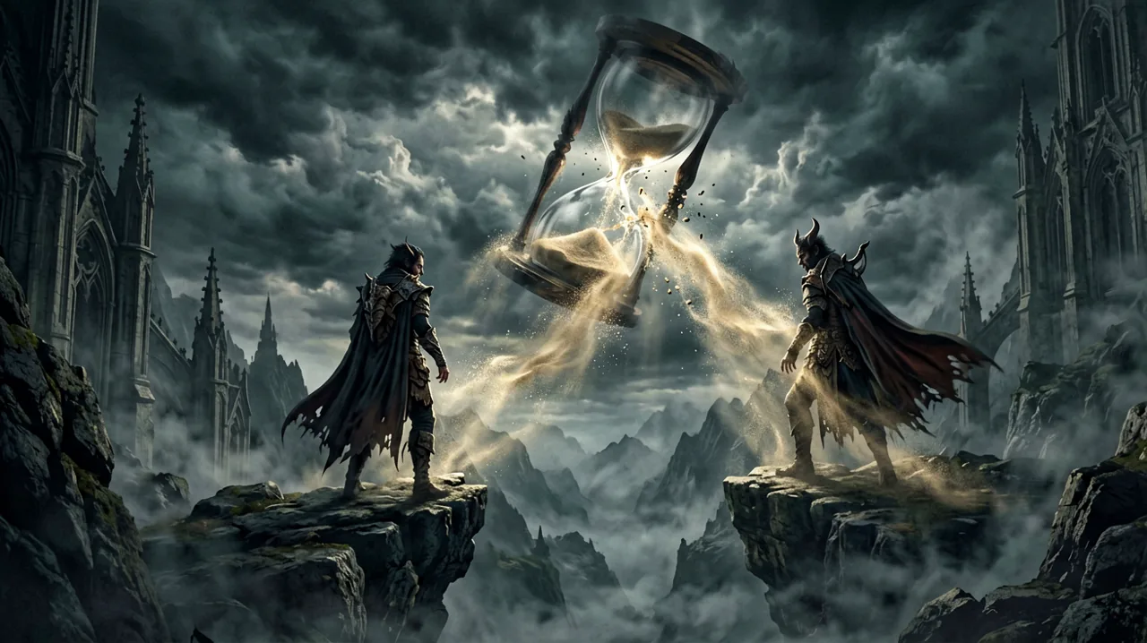 A lone vampire adventurer standing on a gothic cliff overlooking a mist-covered valley, with a massive spectral hourglass shattering in the dramatic sky above.