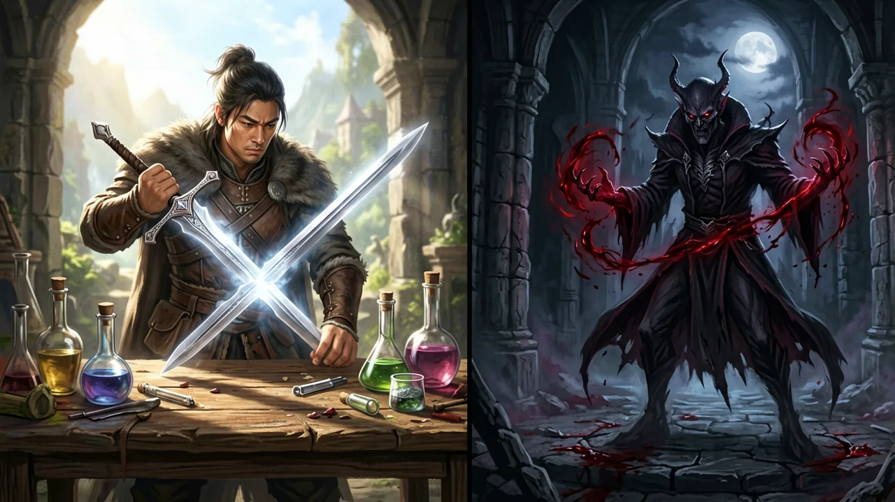 Original dark fantasy art showing a split composition of a human warrior in daylight and a monstrous vampire casting blood magic at night