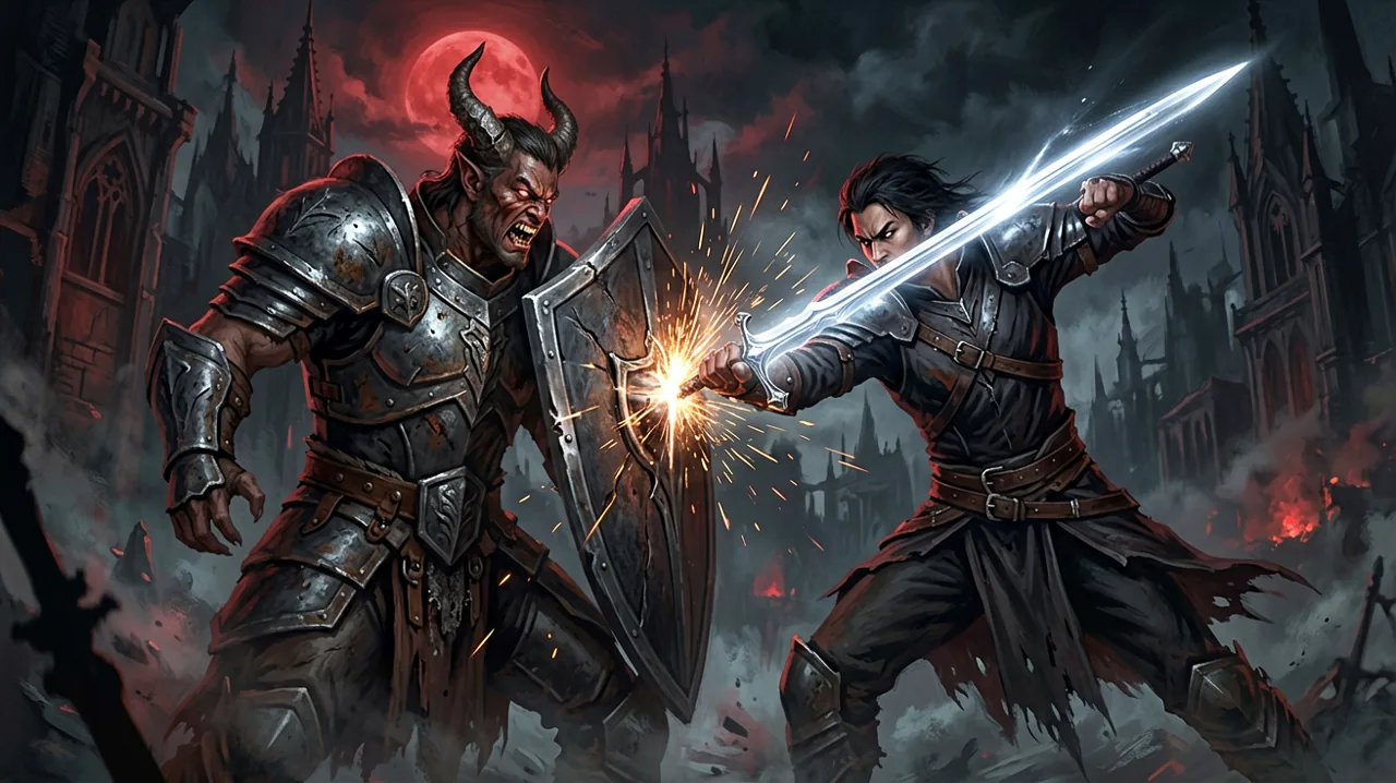 A dark fantasy swordsman engaged in directional combat against a heavily armored vampire knight.