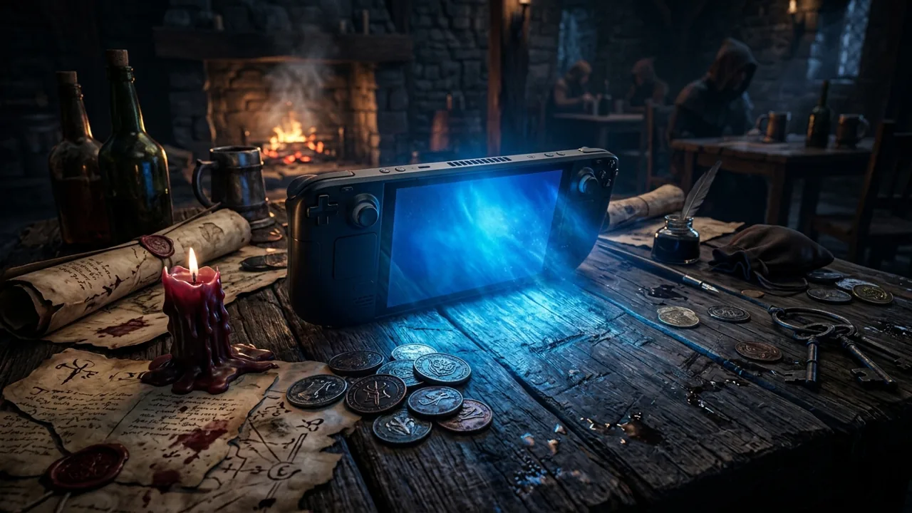 A modern handheld gaming console displaying a glowing blue aura, sitting on a dark wooden table surrounded by gothic coins and lit candles.