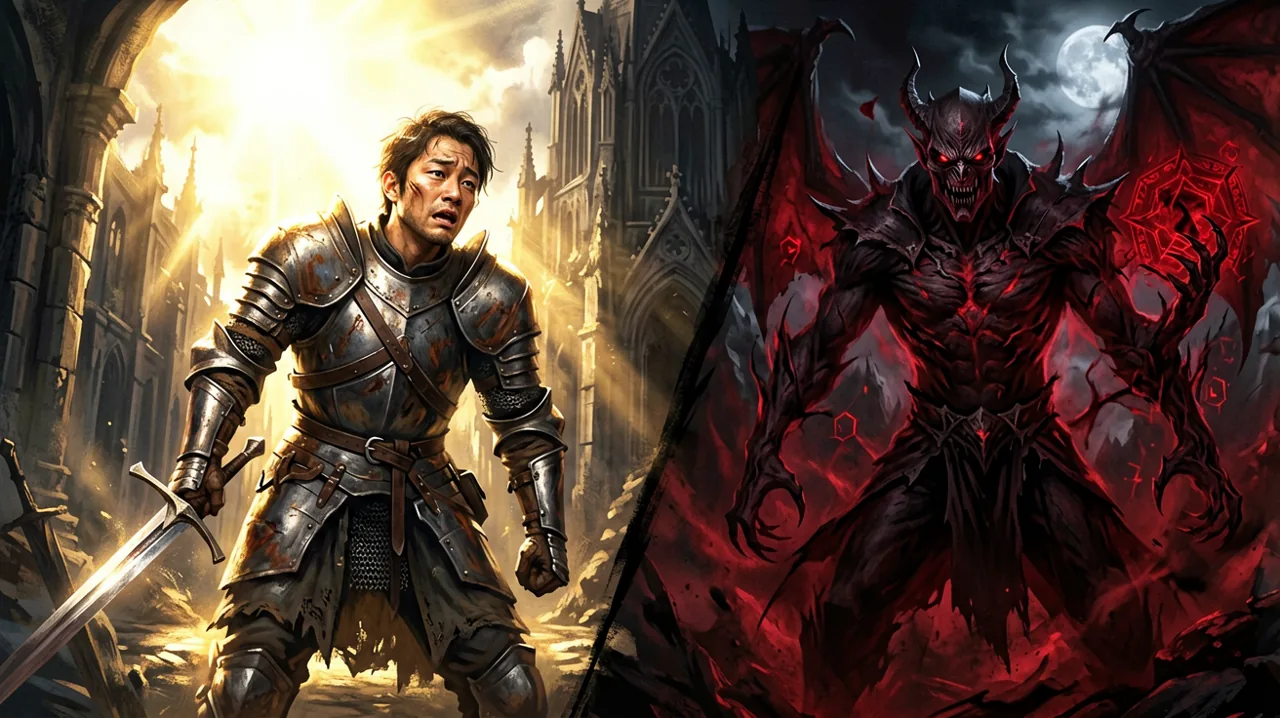 A visual comparison of a human swordsman standing defensively in bright daylight alongside a terrifying vampire wielding crimson magic at night.