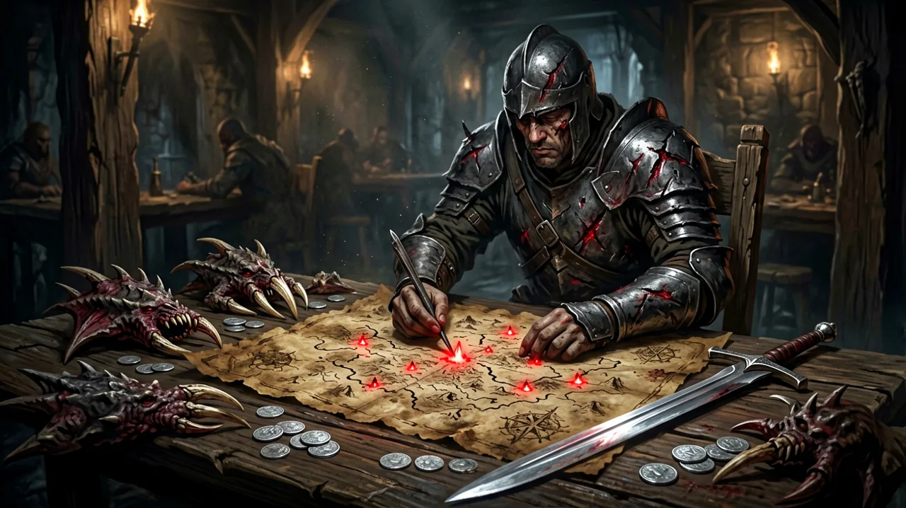 A mercenary planning their final hunts on a glowing map at a tavern table covered in monster trophies.