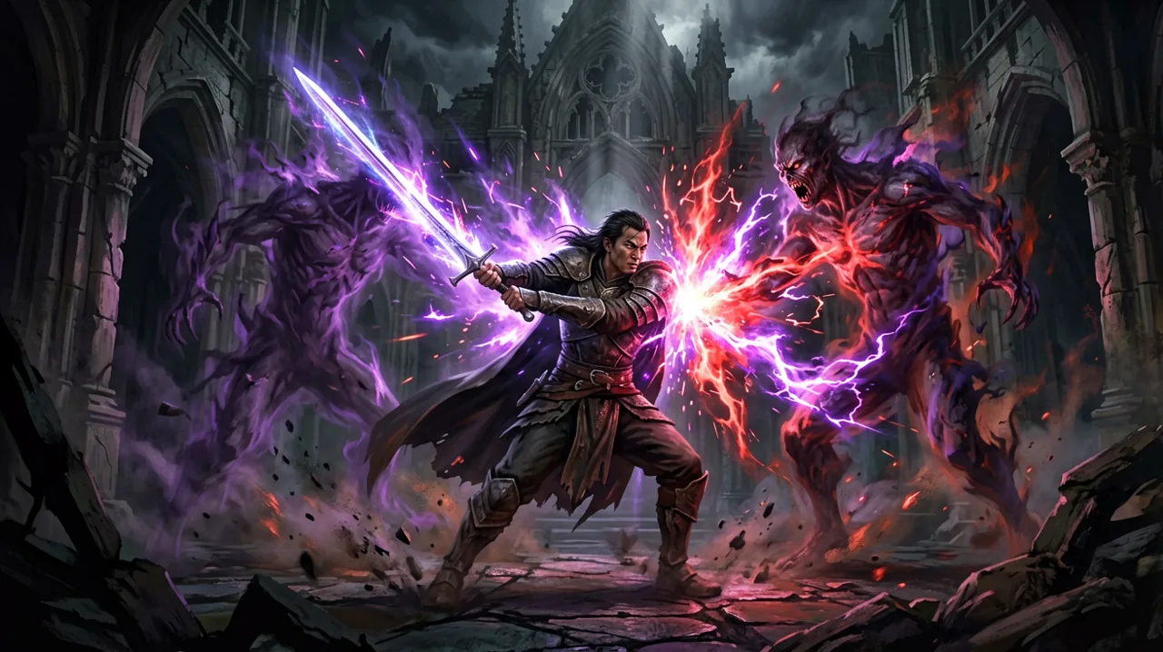Original dark fantasy artwork depicting a dramatic clash of hex magic and steel in a gothic courtyard.