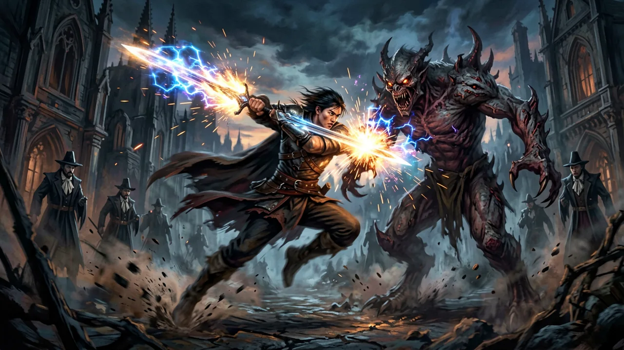 A fast-paced sword duel at dusk between a human warrior and a dark fantasy creature, showcasing dynamic motion and fluid combat.