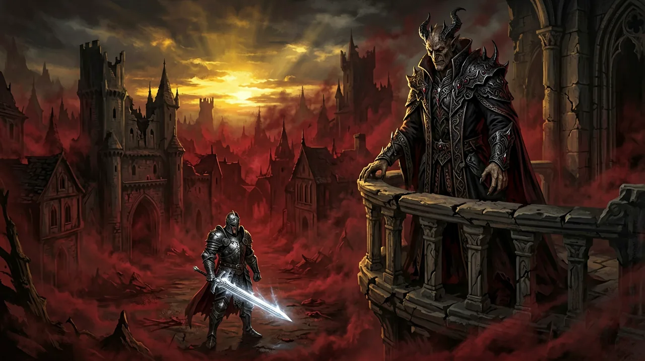A lone swordsman stands before a gothic, vampire-infested keep in Vale Sangora at sunset