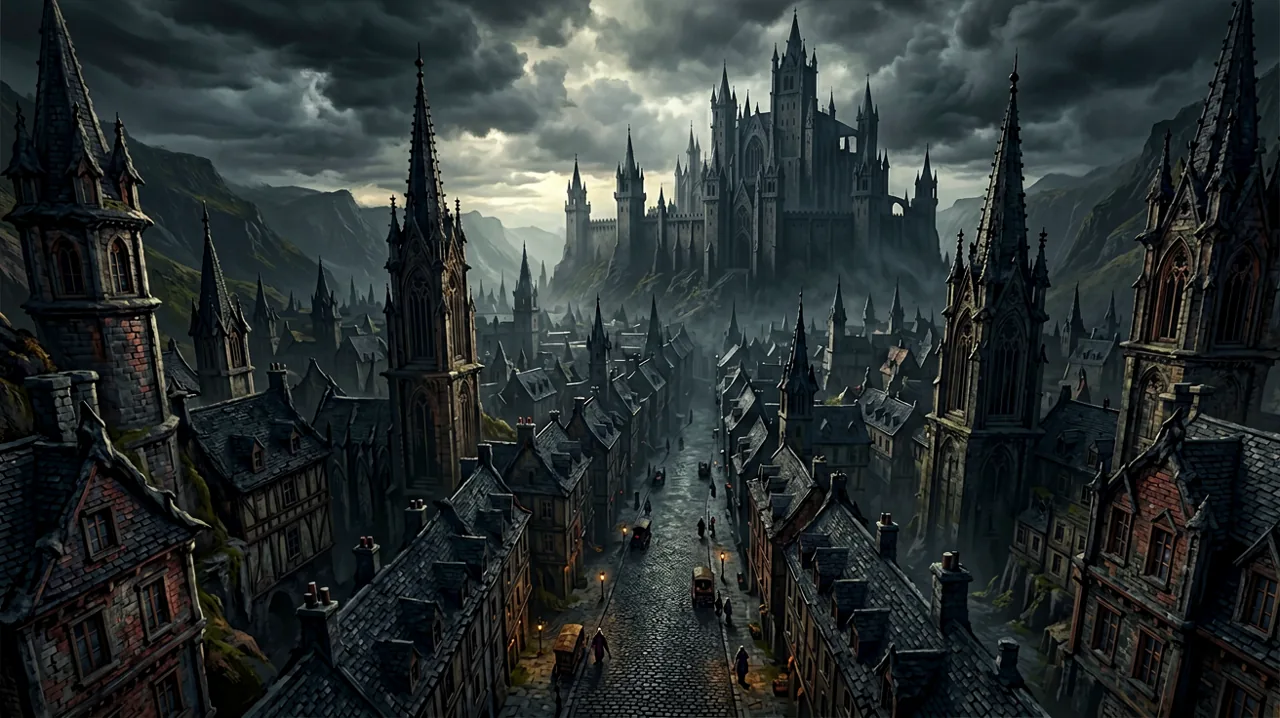 A dense, dark medieval city valley under an overcast sky