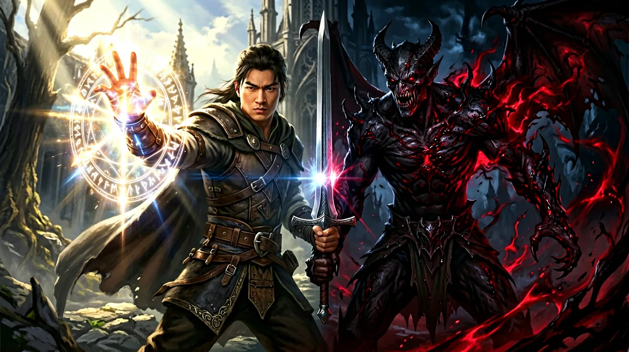 Original dark fantasy art showcasing a dual stance character wielding a sword glowing with pale magic on one side, and dripping with dark corrupted energy on the other.