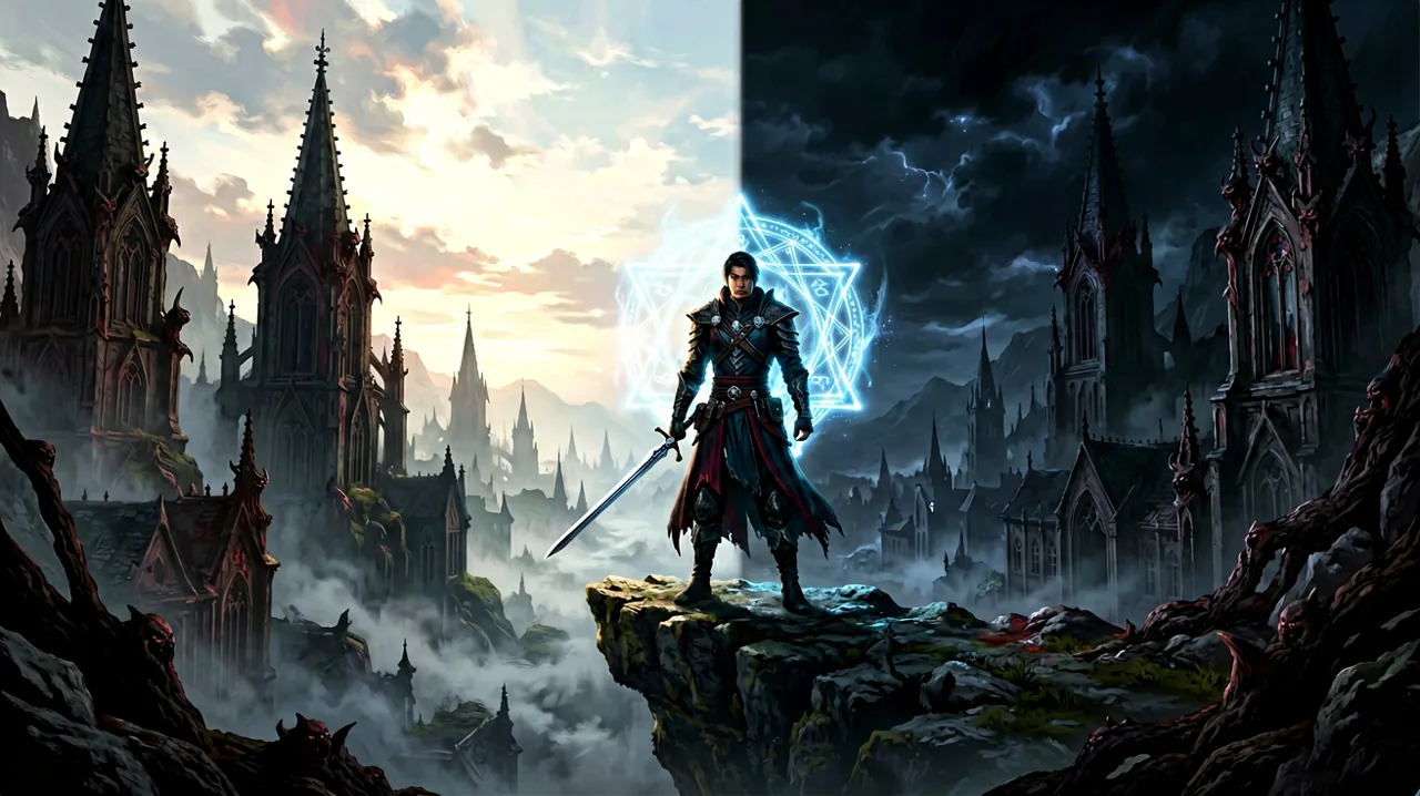 A lone figure standing before the gothic spires of a Vale Sangora city under a twilight sky, depicting the transition from day to night.