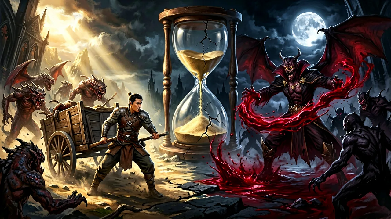A split view showing daylight defense and nighttime blood magic.