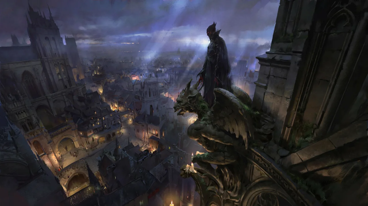 A lone vampire overlooking a highly detailed medieval European city at twilight, hinting at the deep narrative and atmospheric world.