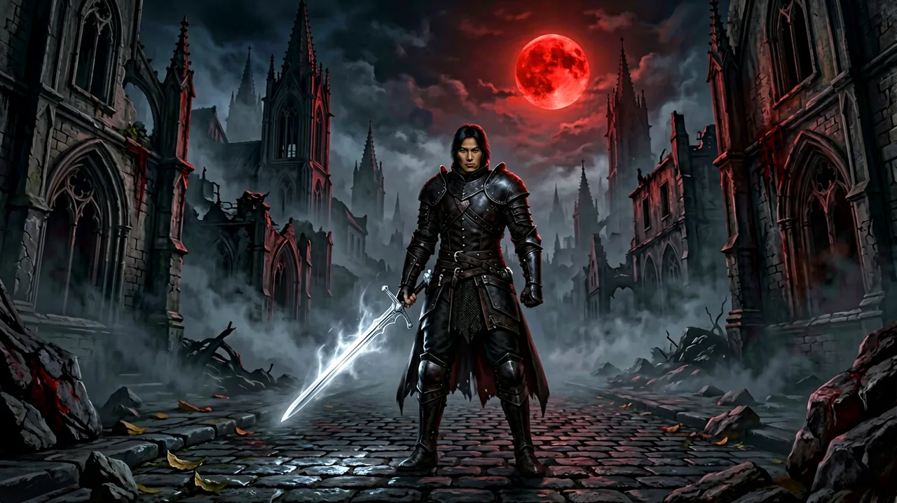 A lone swordsman stands in a gloomy, fog-covered gothic medieval city at night under a red moon.