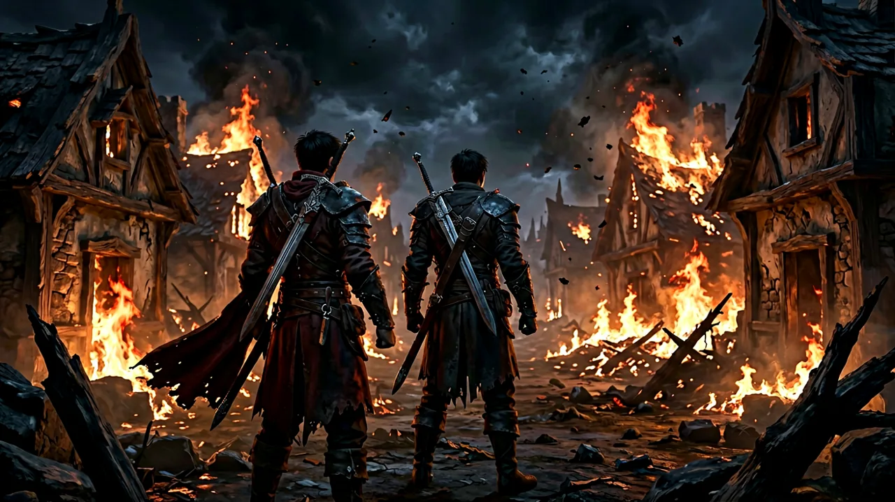 A lone swordsman stands before a burning medieval village under a dark sky, gazing at the ashes of what used to be a peaceful settlement.