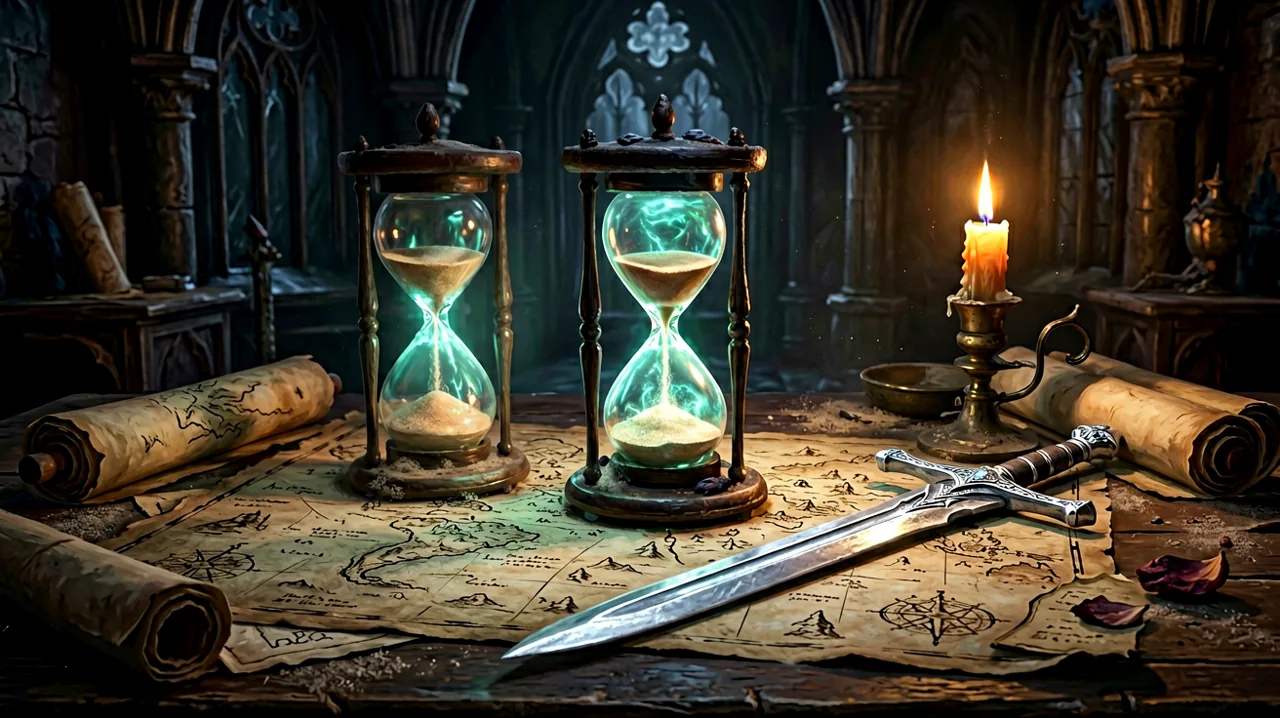 A top-down view of a dark gothic cartographer's desk with maps and an hourglass running out of sand.