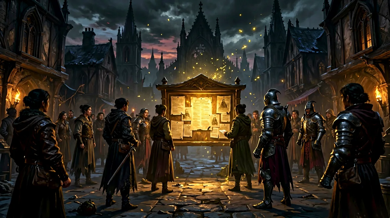 A sprawling dark fantasy town square at dusk with armored figures and villagers celebrating under magical lights.