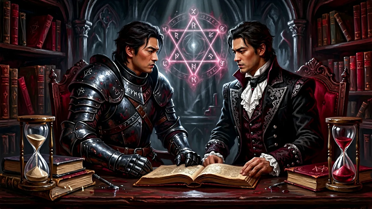 Original dark fantasy artwork showing two vampire figures talking in a gothic room filled with magical artifacts and ancient books.