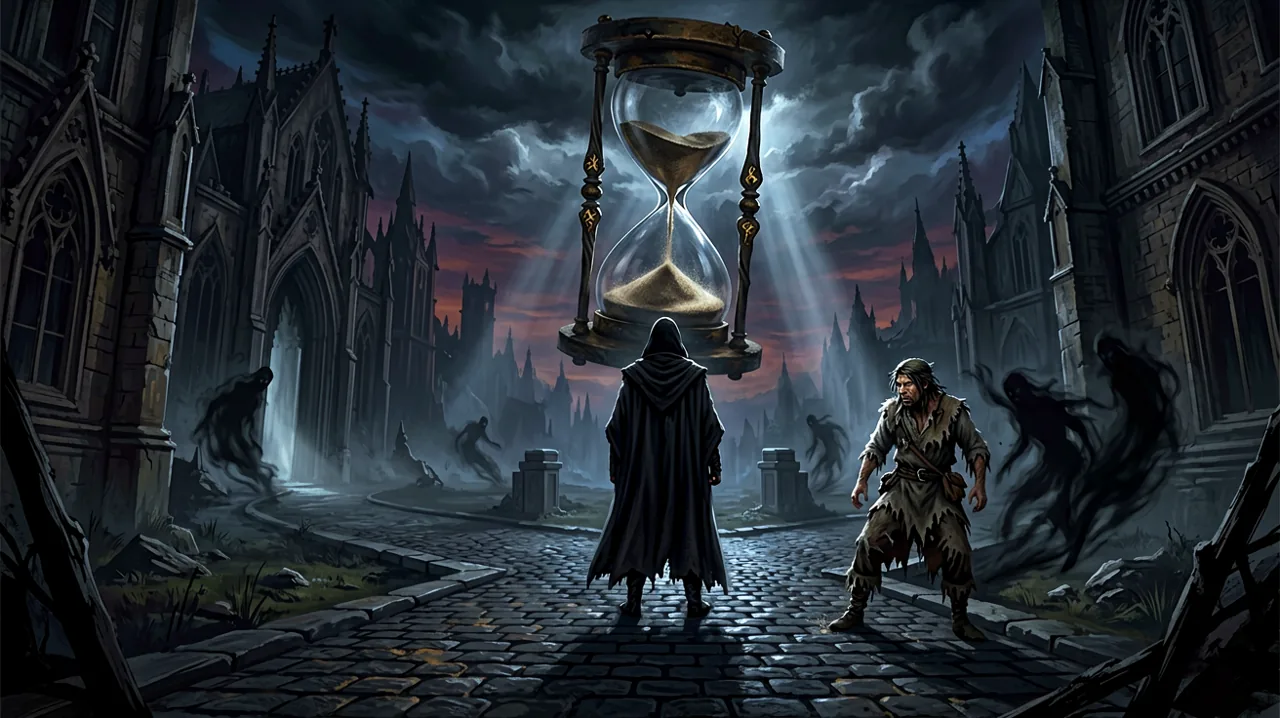 A lone figure stands at a gothic crossroads under an imposing twilight sky, weighing their options as shadowy threats approach a helpless villager.