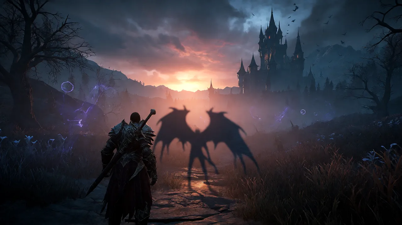Original dark fantasy art showing a cinematic landscape of a heavily armored human warrior overlooking a gothic valley at dawn, casting a monstrous shadow that resembles a winged vampire.