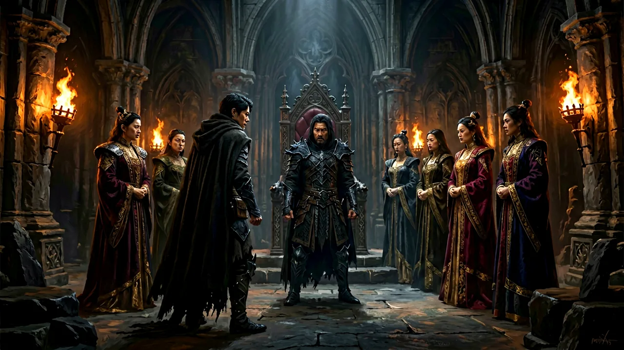 A lone warrior negotiating with vampire aristocrats in a dimly lit gothic courtyard.