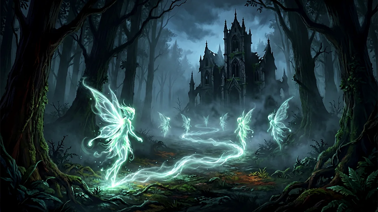A dark, atmospheric gothic fantasy scene set in a dense, fog-covered forest at twilight.