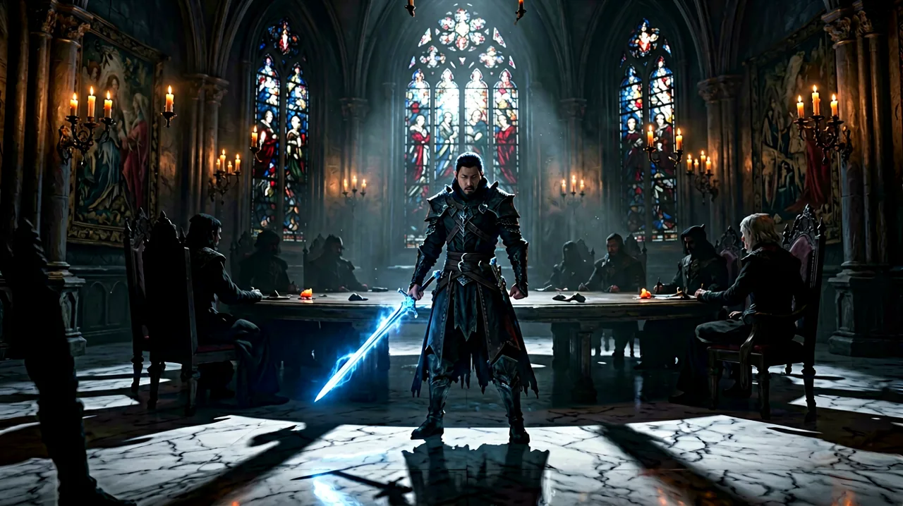 A lone swordsman stands before a gothic council chamber, shadows stretching across the marble floor as a heavy political tension fills the room.