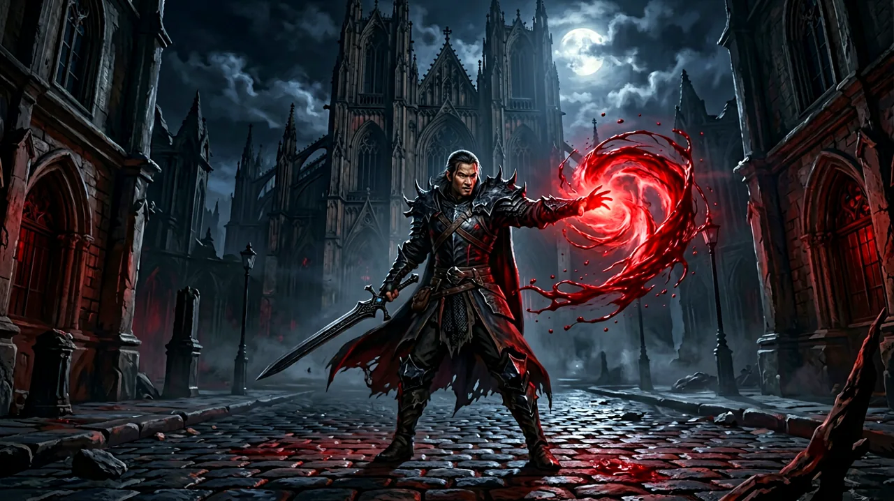 A lone swordsman casting visceral dark blood magic against a towering gothic cathedral at night.