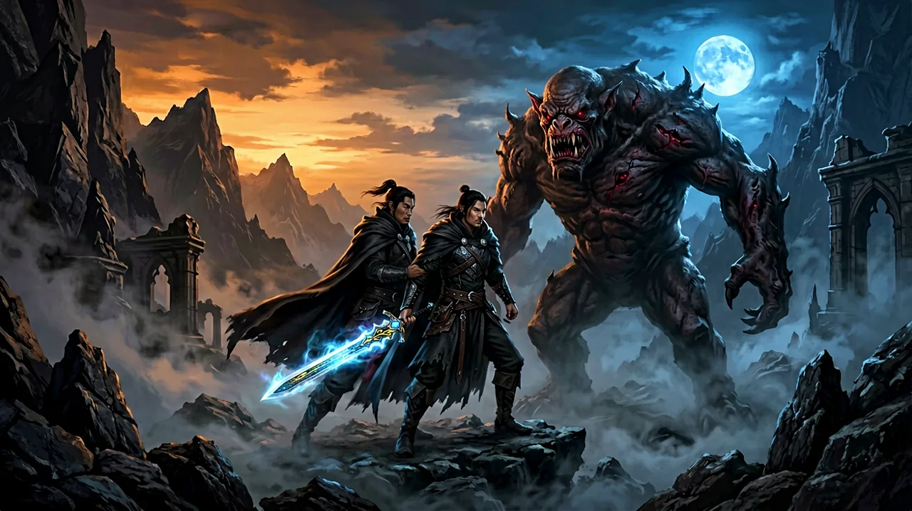 A lone swordsman wielding glowing magic faces off against twisted creatures in a foggy, gothic mountain pass.