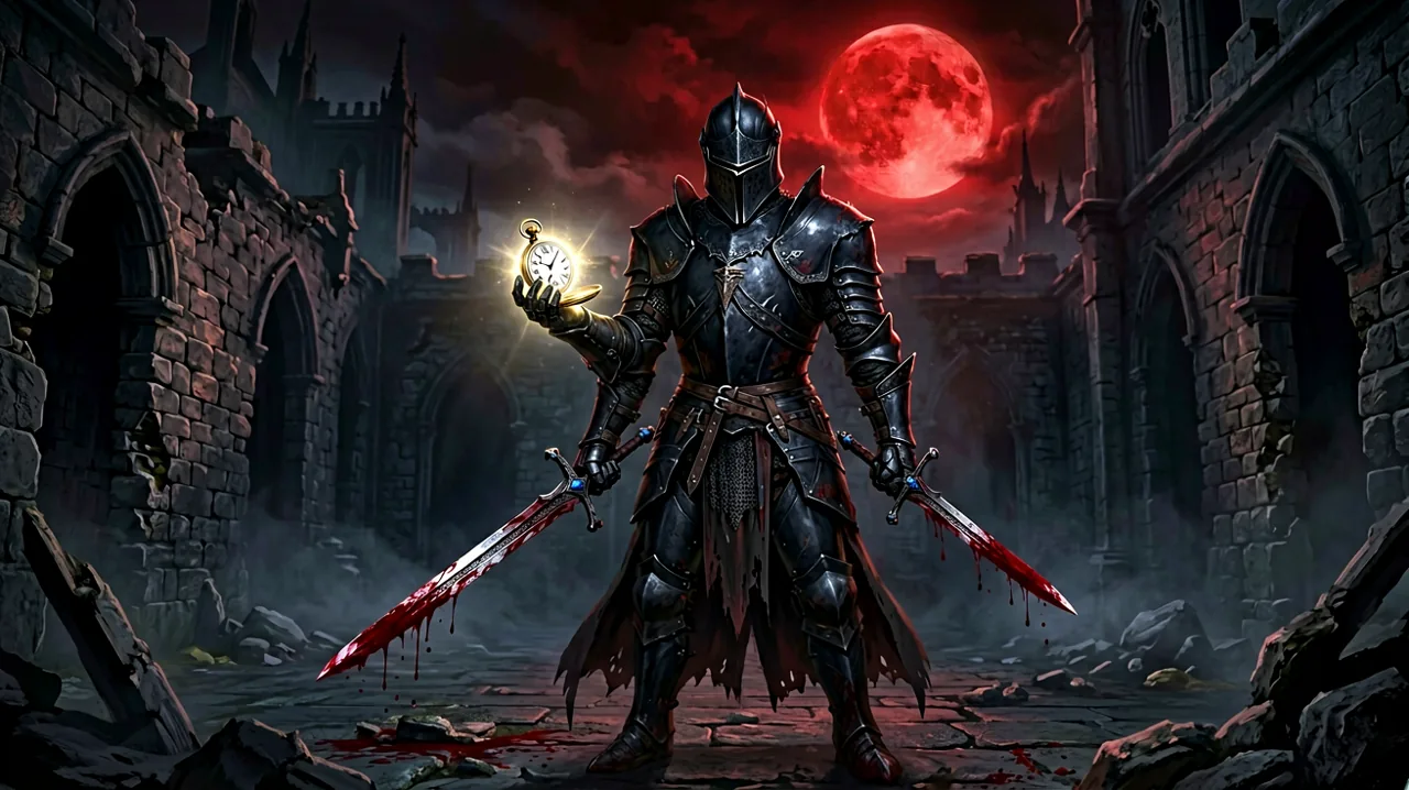 A lone swordsman stands in a dark courtyard holding a glowing pocket watch.