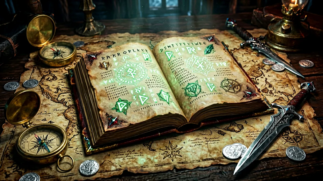 Ancient glowing skill manuals resting on a gothic medieval map surrounded by silver coins and adventuring gear